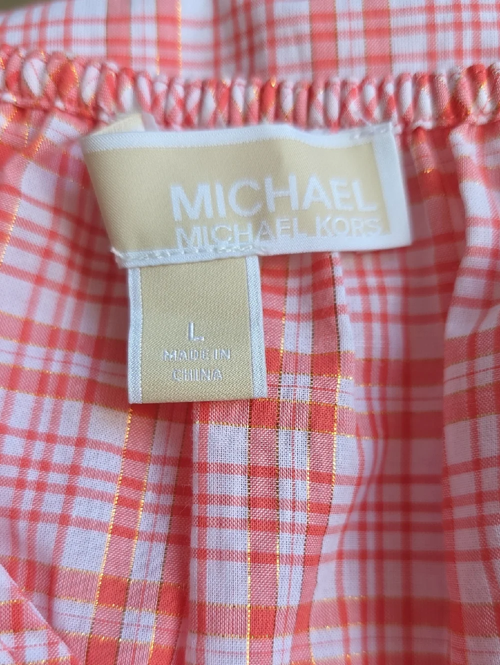 Michael Kors Coral Pink Plaid V-Neck Tie-Waist Mini Dress Size Large NWOT